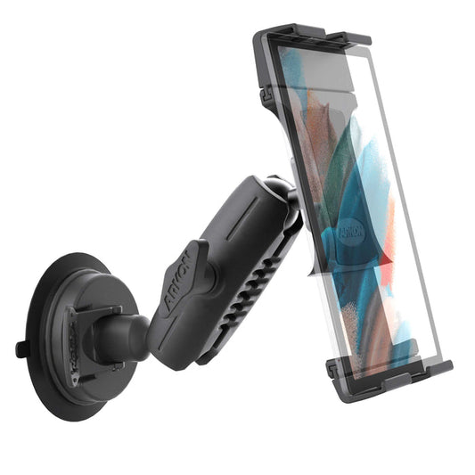 The SkyHold™ Windshield Tablet Mount, shown in black with an adjustable arm, secures a smartphone in a clear case and is angled neatly against a white background.