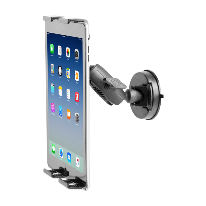 A tablet is mounted vertically on the SkyHold™ Windshield Tablet Mount, a black adjustable holder, and displays its home screen with app icons.