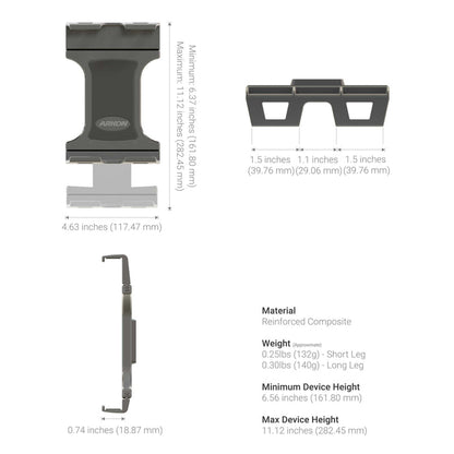 Diagram showing a gray Tablet Cup Holder Mount with Slim-Grip® Ultra Pro Holder - 25mm, featuring various views and detailed dimensions such as the minimum and maximum device height, width, and thickness. The diagram also displays text listing materials, weights, and precise measurements for different components, highlighting its suitability for use as both a car tablet mount and a cup holder mount.
