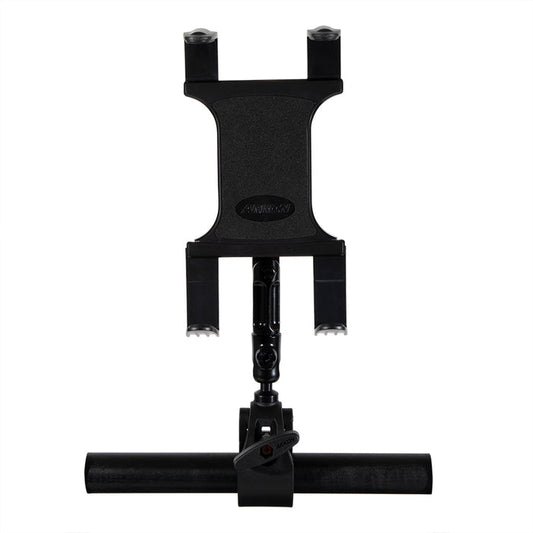 The Slim-Grip® Tablet Holder with Multi-Angle Arm and Clamp Mount is a black holder designed to attach securely to a horizontal bar, featuring an adjustable arm and shown against a white background.