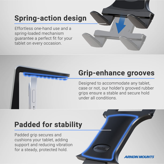 Three close-ups show the Slim-Grip® Universal Tablet Holder with Clamp Mount and Extension Arm, highlighting its spring-action design, grip-enhance grooves for security, and padded grips for stability. Features are explained; Arkon Mounts logo appears.