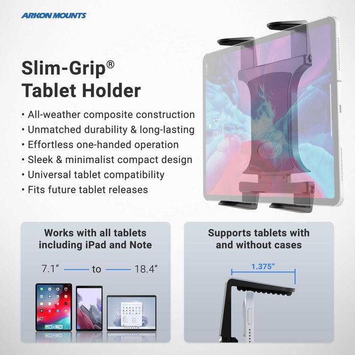 A promo graphic showcases the Slim-Grip® Universal Tablet Holder with Clamp Mount and Extension Arm, detailing its features, broad 7.1–18.4 tablet compatibility, and diagrams for use with or without a case.