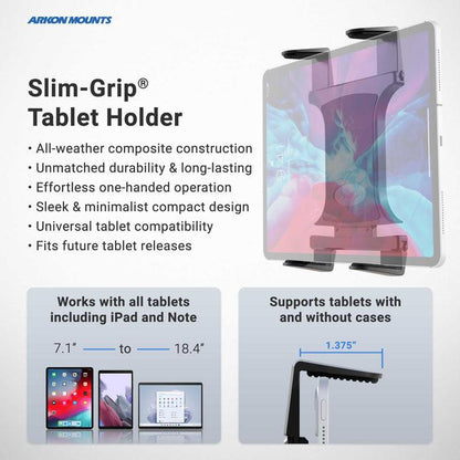 A promo graphic showcases the Slim-Grip® Universal Tablet Holder with Clamp Mount and Extension Arm, detailing its features, broad 7.1–18.4 tablet compatibility, and diagrams for use with or without a case.