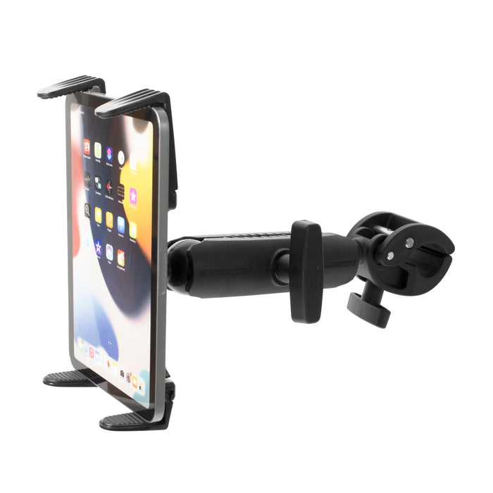 The Slim-Grip® Universal Tablet Holder with Clamp Mount and Extension Arm securely holds a tablet showing colorful app icons, isolated on a white background.