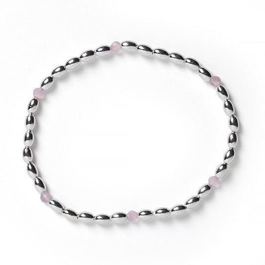 Southern Gates® 3mm Rice Bead Elastic Bracelet with Pink Quartz Beads Elastic Bead Bracelets Available in: 6"  925 Sterling Silver Designed and distributed in Charleston, SC   Gorgeous sterling silver rice beads pay homage to the Holy City's rice history and South Carolina's agricultural background.