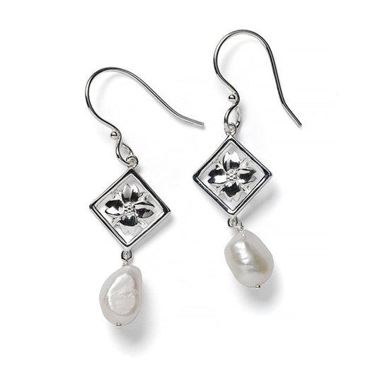Southern Gates® Diamond-Cut Dogwood Earrings with Baroque Pearls Courtyard Series 27x15mm  925 Sterling Silver with Baroque Pearls Designed and distributed in Charleston, SC  Celebrate historic Southern gardens featuring wrought iron elements of sweet blooms, scrolling vines and lush landscapes.