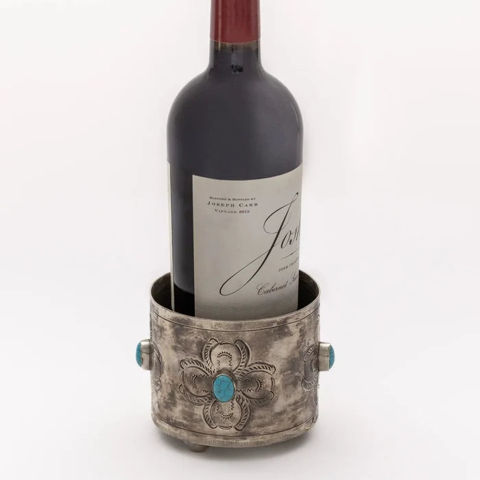 Stamped Rug Pattern Wine Coaster with Turquoise Stone by J. Alexander Rustic Silver