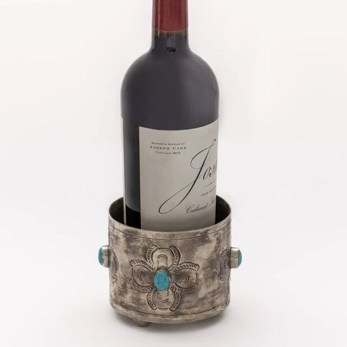 Stamped Rug Pattern Wine Coaster with Turquoise Stone by J. Alexander Rustic Silver