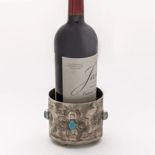 Stamped Rug Pattern Wine Coaster with Turquoise Stone by J. Alexander Rustic Silver