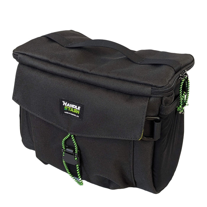 Black stashquatch handlebar bag on white background