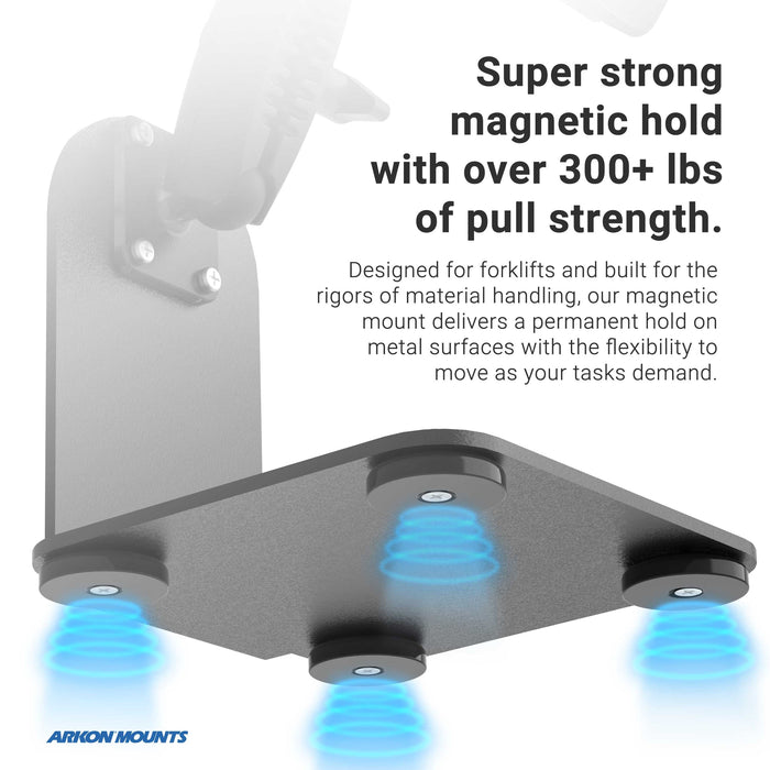 The SteadyMag™ Magnetic Mounting System, featuring four blue-glowing magnets beneath a metal surface, boasts 300+ lbs pull strength—ideal as a forklift mounting bracket for material handling. Arkon Mounts logo is shown bottom left.