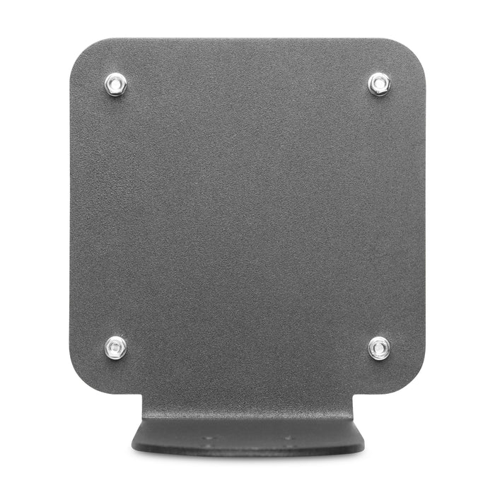 A close-up view of the SteadyMag™ Magnetic Mounting System shows its flat, rectangular, textured black metal plate with four screws—perfect for AMPS compatibility—and a small base at the bottom center.