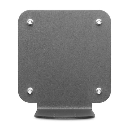 A close-up view of the SteadyMag™ Magnetic Mounting System shows its flat, rectangular, textured black metal plate with four screws—perfect for AMPS compatibility—and a small base at the bottom center.
