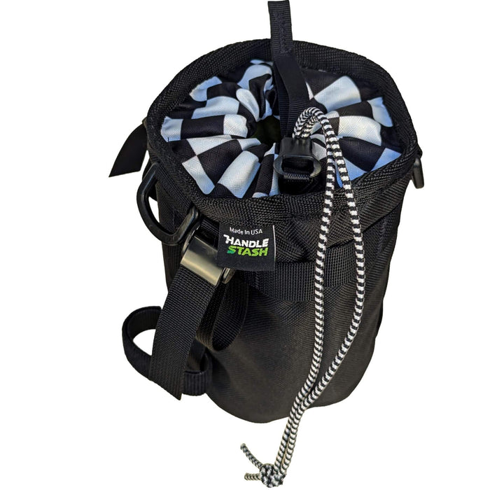Black and checkered two-tone stem bag top closed