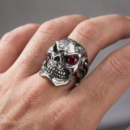 Sterling Silver Cracked Skull Ring with Red Eye Stone - Gothic Biker Jewelry for Men