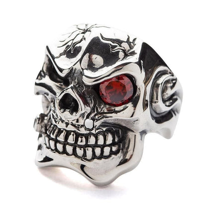 Side view of the heavy biker skull ring showcasing the deep cracked detail on the forehead.