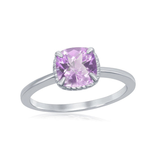Sterling Silver Four Prong Square Rope Design Amethyst Ring, Size 9