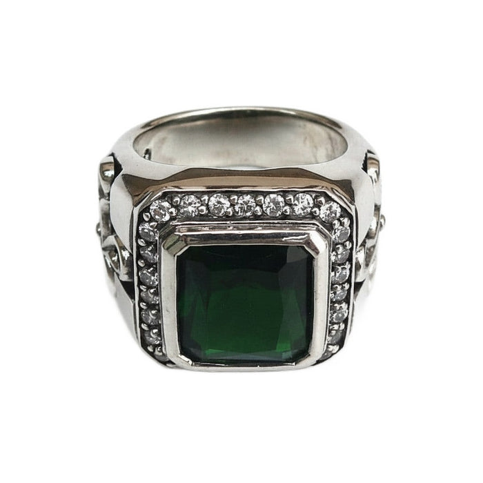 A men's medieval-style ring with a deep green stone, crafted from heavyweight sterling silver.