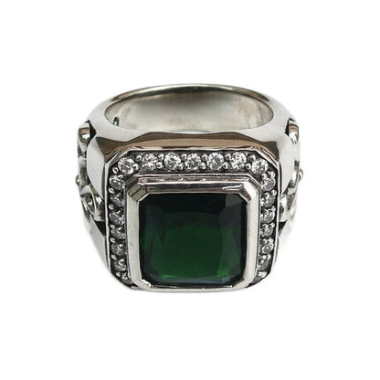A men's medieval-style ring with a deep green stone, crafted from heavyweight sterling silver.