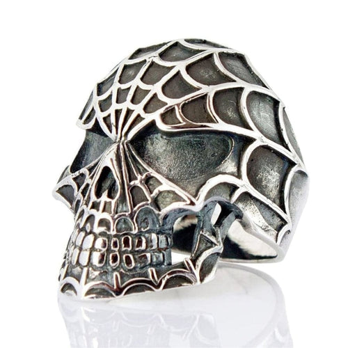Sterling Silver Spider Web Skull Ring front view on white background