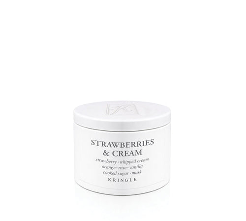 Kringle Candle 'Strawberries & Cream' scent in a tin container on a white background
