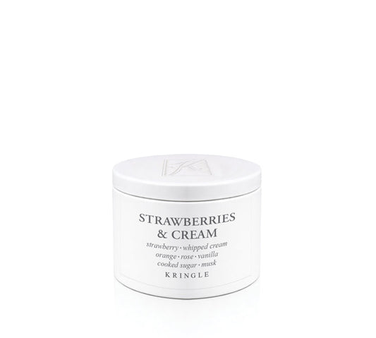 Kringle Candle 'Strawberries & Cream' scent in a tin container on a white background