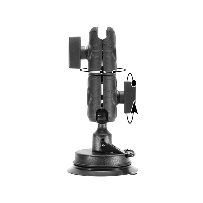 The Suction Mount with Double Socket Swivel Arm is black with a 25mm ball adapter, vertical grip arms, and rotation arrows showing its swivel and tilt functions, displayed against a plain white background.
