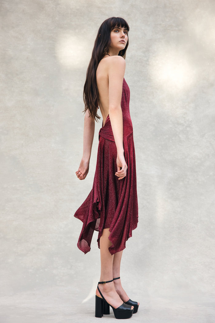 Sylvie Lurex Hankie Midi Dress - Wine