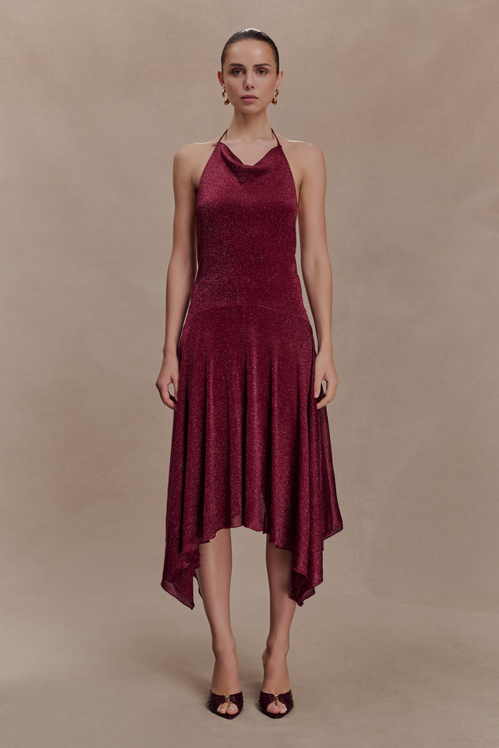 Sylvie Lurex Hankie Midi Dress - Wine