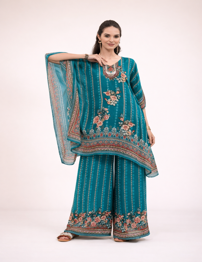 Teal printed kaftan co-ord set with modern prints and relaxed silhouette