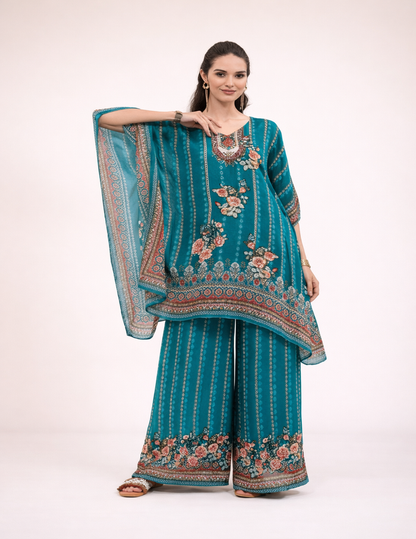 Teal printed kaftan co-ord set with modern prints and relaxed silhouette