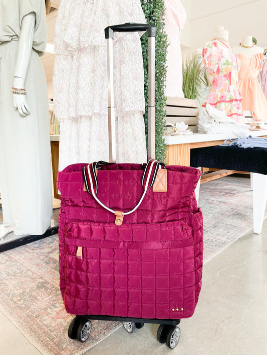 Tenley Quilted Tote Roller Bag-Burgundy