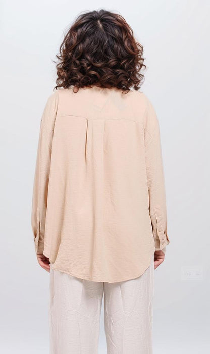 Textured Oversized Button-Down Shirt in Beige