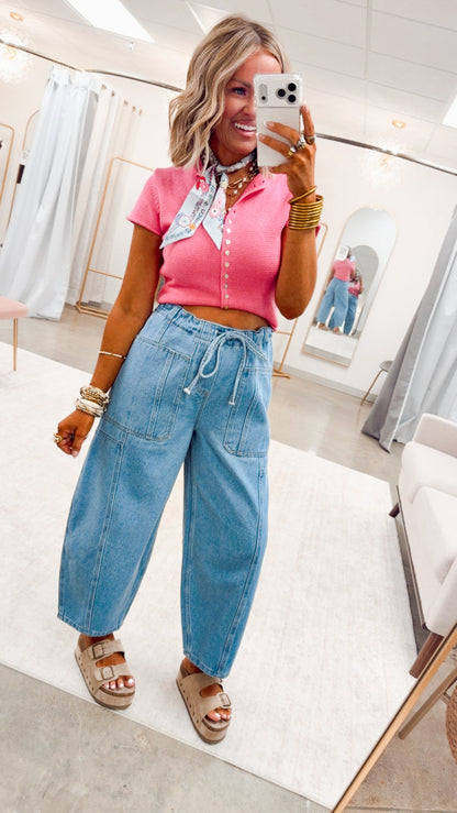 The Buttoned Bliss Sweater Top-Pink