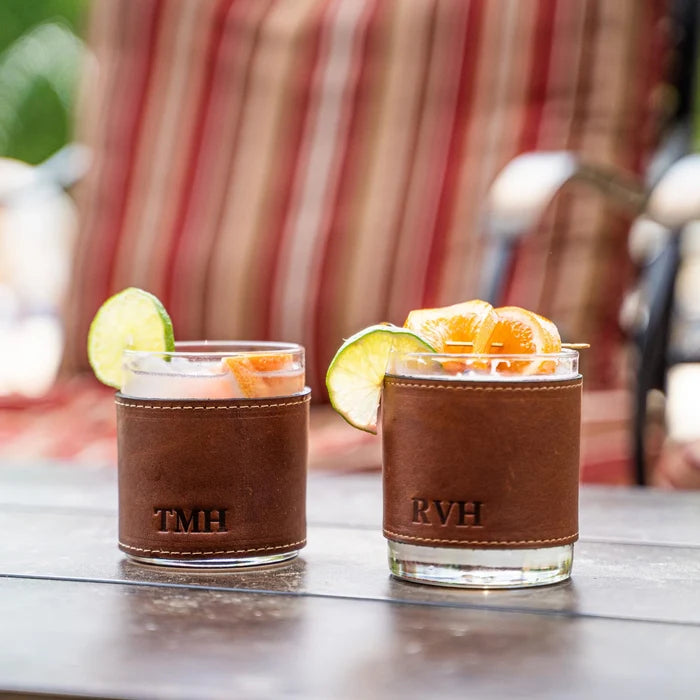 The Gentleman Rocks Glass & Sleeves Leather - Set of Two Wraps & Glasses | Holtz Leather Co.