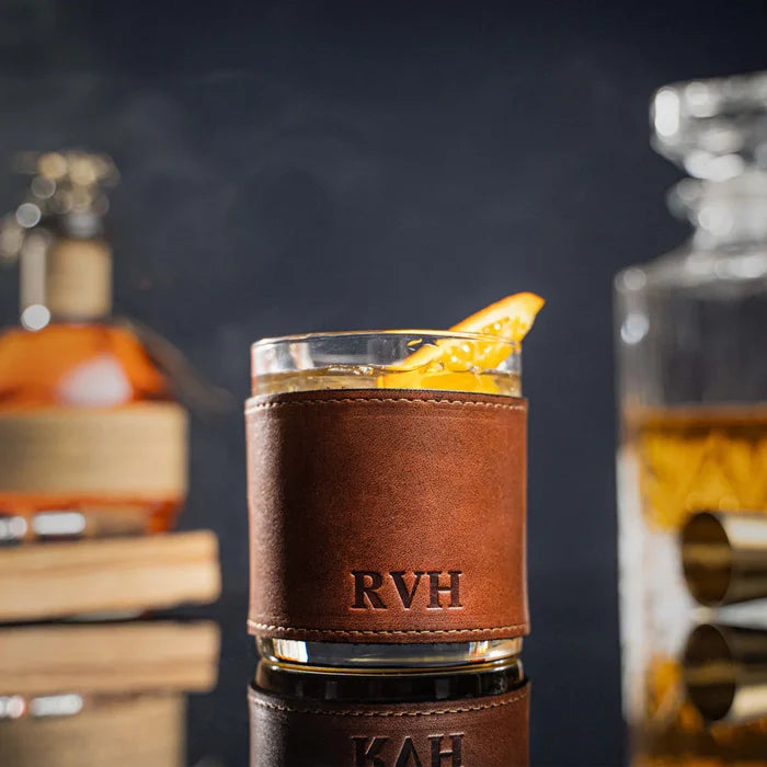 The Gentleman Rocks Glass & Sleeves Leather - Set of Two Wraps & Glasses | Holtz Leather Co.