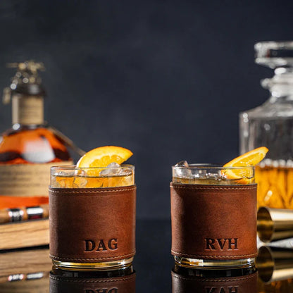 The Gentleman Rocks Glass & Sleeves Leather - Set of Two Wraps & Glasses | Holtz Leather Co.