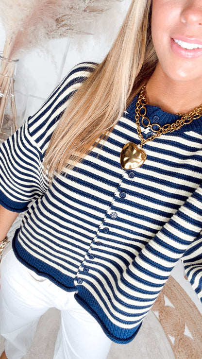 The Rosedale Striped Cardigan-Navy/Ivory