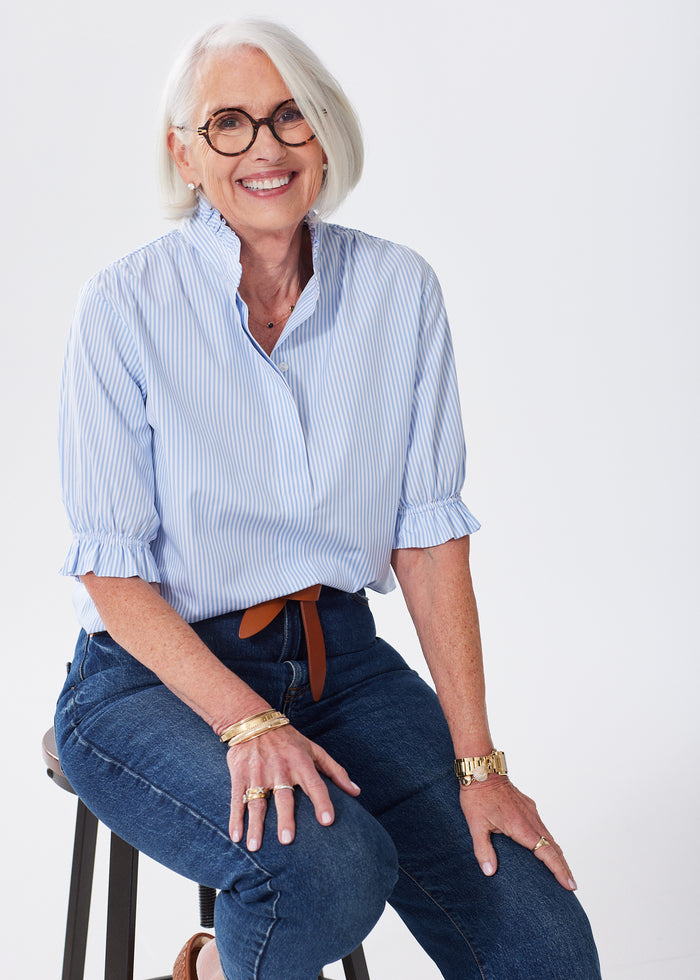 The Short Sleeve Ruffle Blouse - Striped