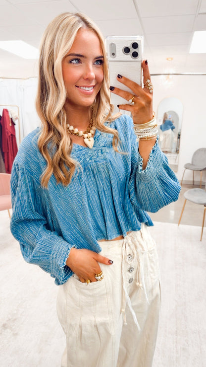 The Winder Embroidered Top-Denim Blue