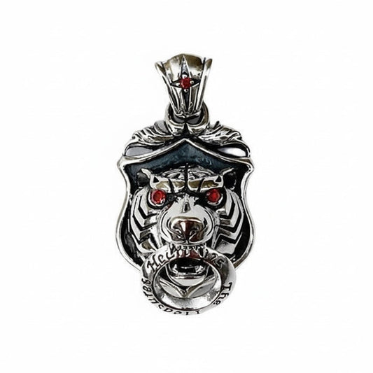 Front view of the solid 925 sterling silver tiger knocker pendant with red eyes.