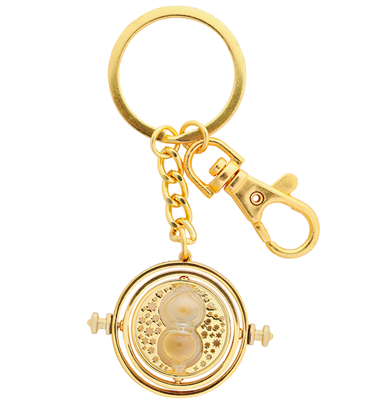 A gold-colored keychain replica of Hermione's Time-Turner from Harry Potter, featuring a clock-like device with a golden-plated hook.