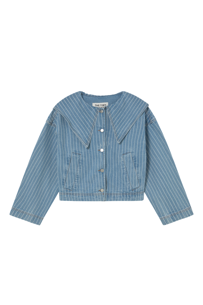 Tiny Big Sister striped cotton jacket with collar and relaxed fit. A stylish, lightweight layer for spring and summer. Shop at Dotique.