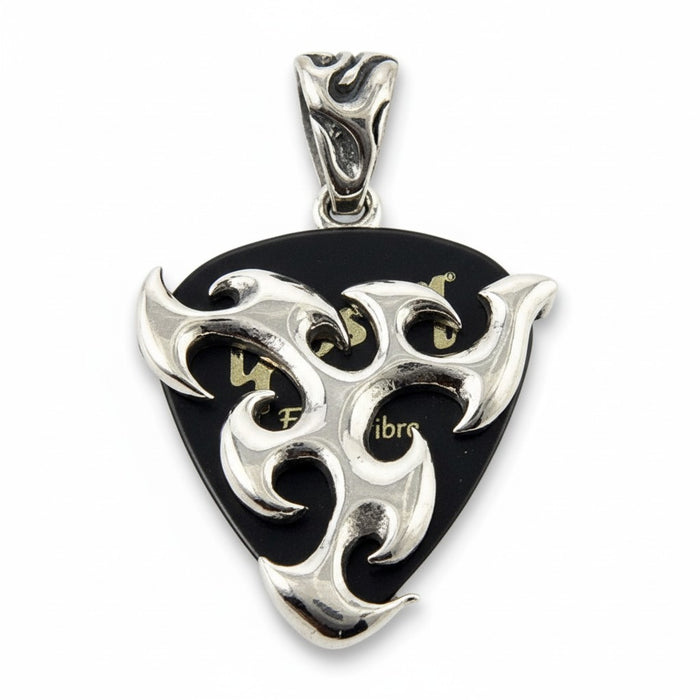 A solid sterling silver guitar pick holder pendant with an edgy, tribal flame design.