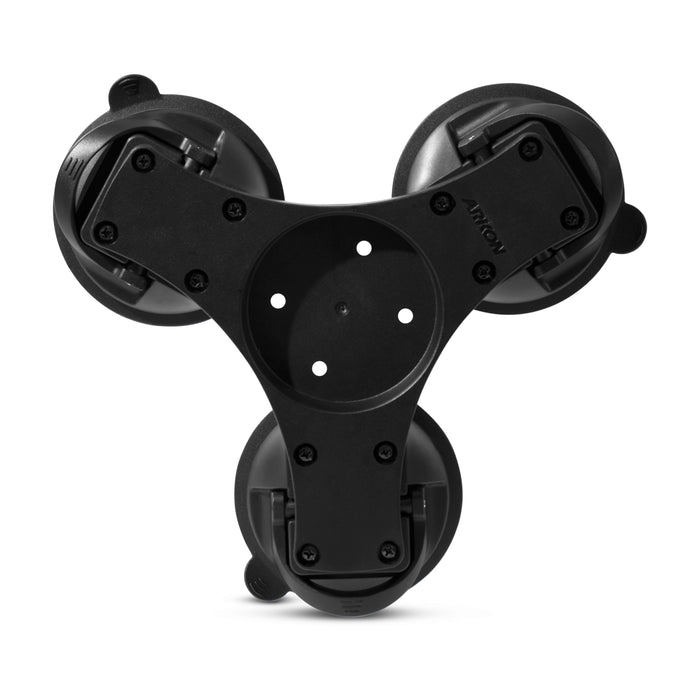 The Triple Splitter Bar Plate with Suction Mounts and AMPS Base securely attaches to flat surfaces, featuring suction mounts at each end and center holes compatible with an AMPS base for flexible mounting or connecting extra components.