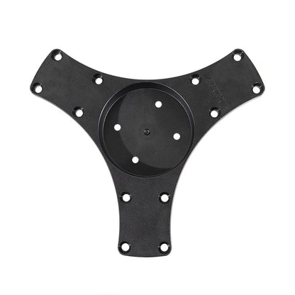 The Triple Splitter Bar Plate is a black, Y-shaped bracket with multiple screw holes. It features a center circular recessed area with an AMPS mounting pattern and extra holes for secure attachment of objects.
