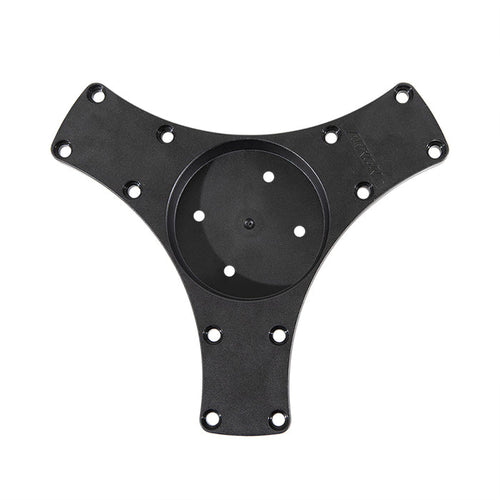 The Triple Splitter Bar Plate is a black, Y-shaped bracket with multiple screw holes. It features a center circular recessed area with an AMPS mounting pattern and extra holes for secure attachment of objects.
