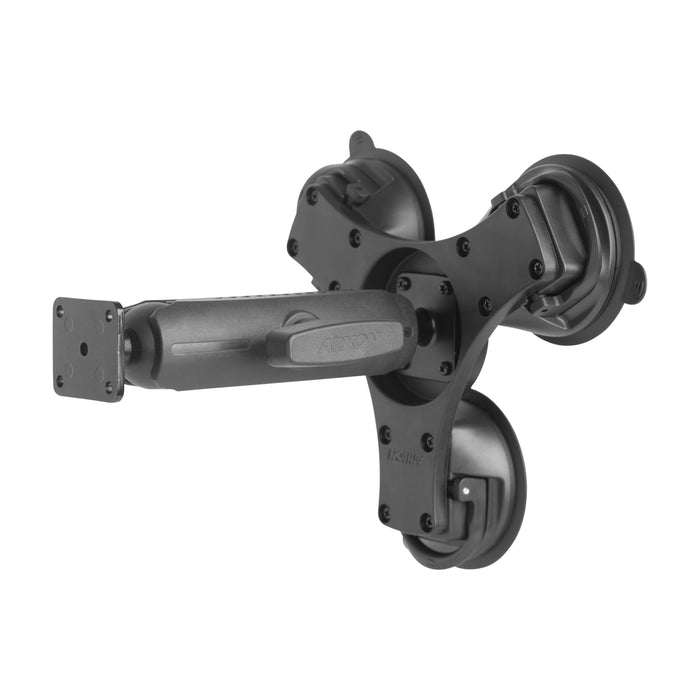 The Triple Suction Mount with AMPS Mounting Pattern and 5.75” Shaft Arm securely holds devices on smooth surfaces like windshields, featuring a black, adjustable design for stable attachment.