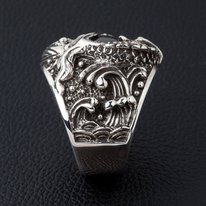 Sterling silver koi ring shoulder detail showing traditional Japanese wave pattern engraving
