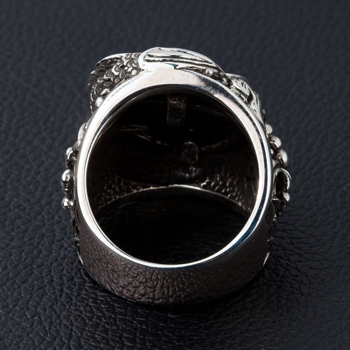 Black onyx koi fish ring interior band detail showing solid silver construction